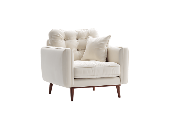 Cream colored armchair with button tufting and wooden legs