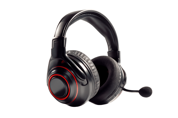 Black gaming headset with red accents. Close up studio shot.