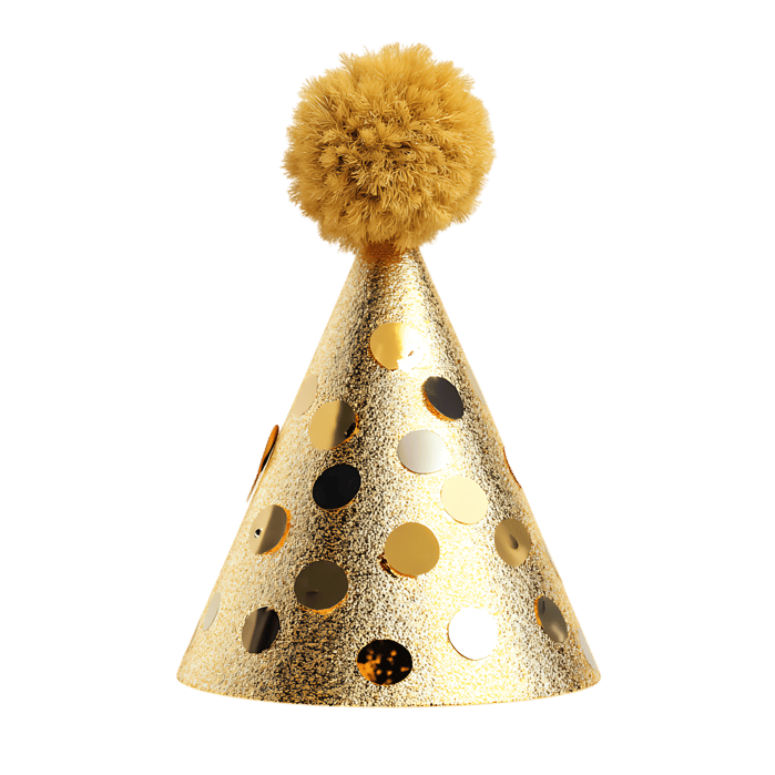 Festive gold party hat with pompom, perfect for birthdays and celebrations