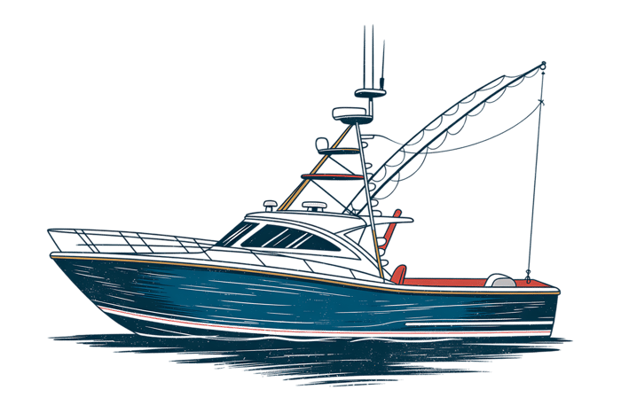 Blue sport fishing boat illustration on transparent background
