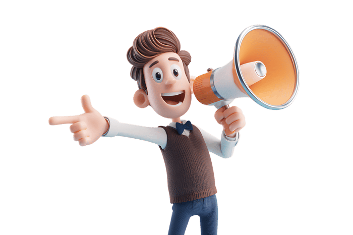 Cartoon man with megaphone pointing and making an announcement