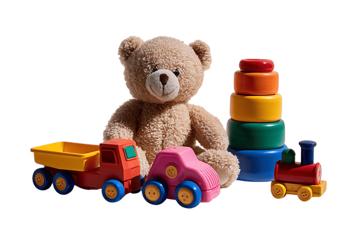 Kids toys collection featuring a teddy bear, colorful stacking rings, a car, and a truck. Perfect for childhood, playtime, and kindergarten themes