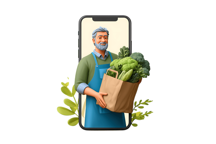 Happy man holding grocery bag with fresh vegetables on smartphone screen.