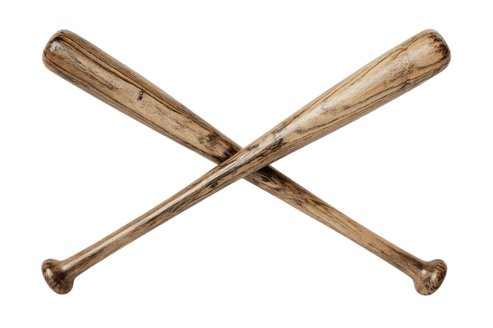 Two crossed baseball bats, sport equipment.