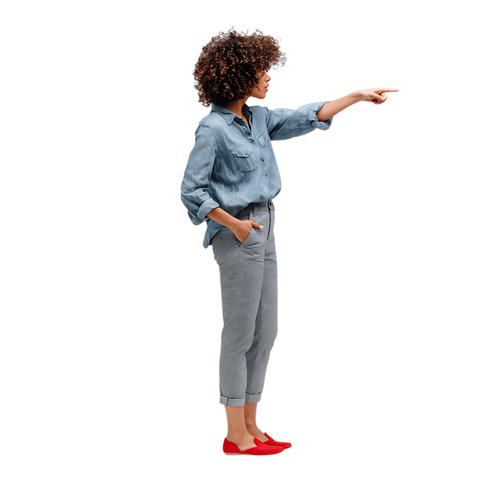 Confident woman pointing, guiding, or directing attention.