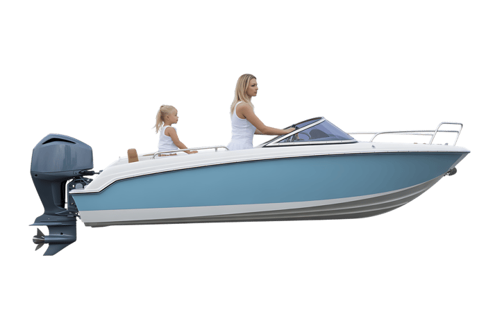 Woman and child in a light blue motorboat on black