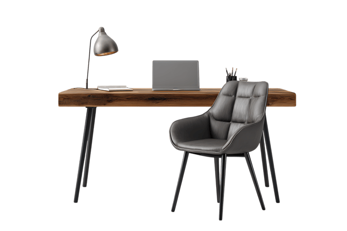 Stylish workspace with wooden desk  grey chair  and lamp.