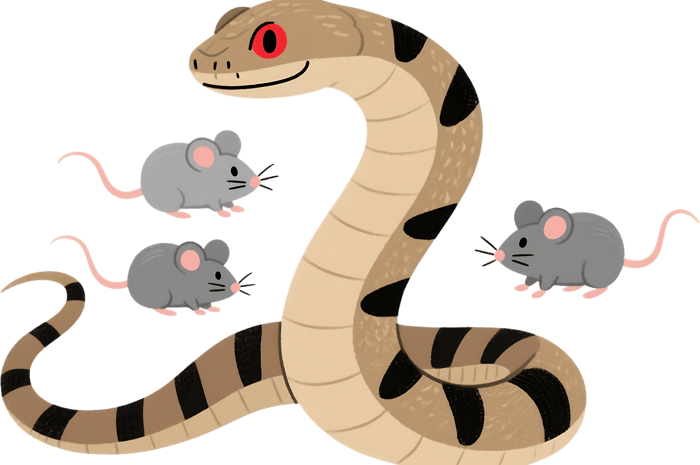 Cartoon snake with mice. Funny predator.