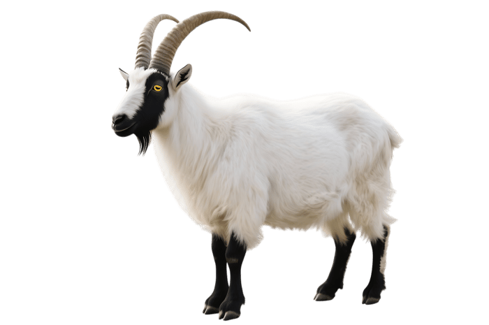 Goat with white fur and black markings