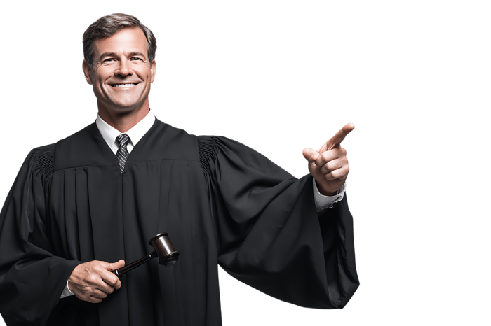Friendly judge directs attention, legal counsel concept.