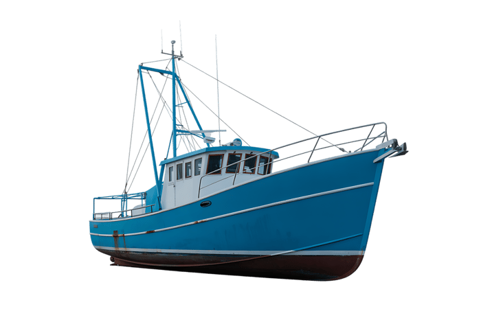 Blue fishing boat on black, commercial fishing vessel