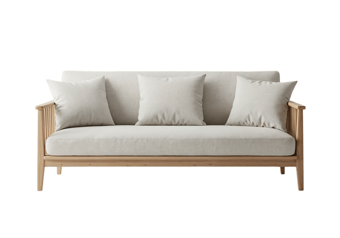 Modern minimalist sofa with light wood frame and off white cushions