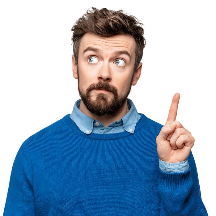 Man has an idea! Blue sweater.