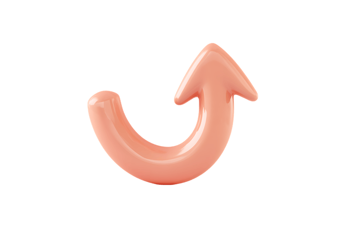Peach colored 3D curved arrow pointing upward.  Growth, progress, navigation790.