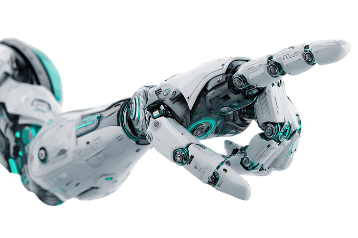 Close up of a futuristic robotic arm, pointing.  Concept of AI, technology, innovation.