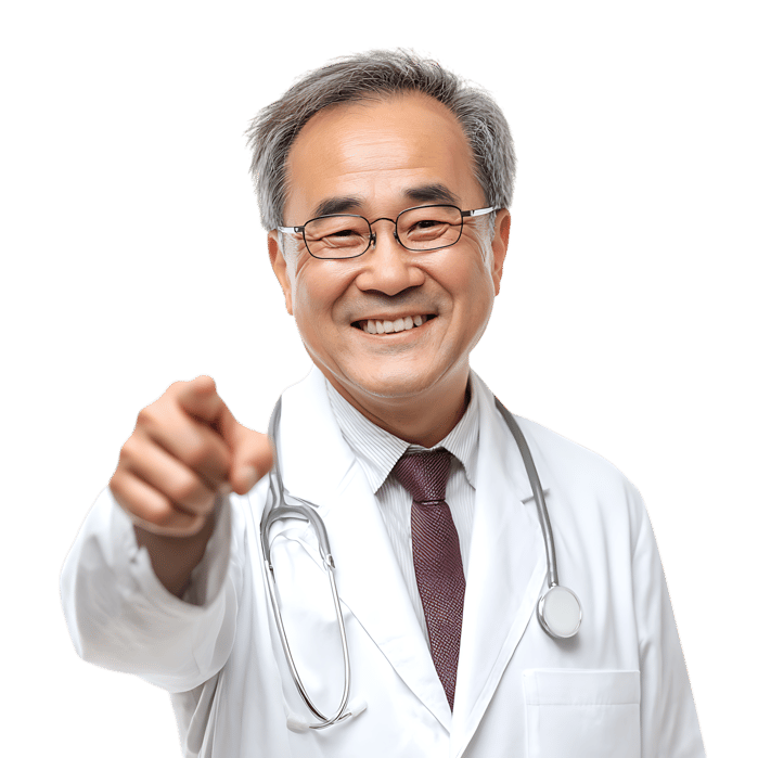 Smiling Asian doctor points at you649.