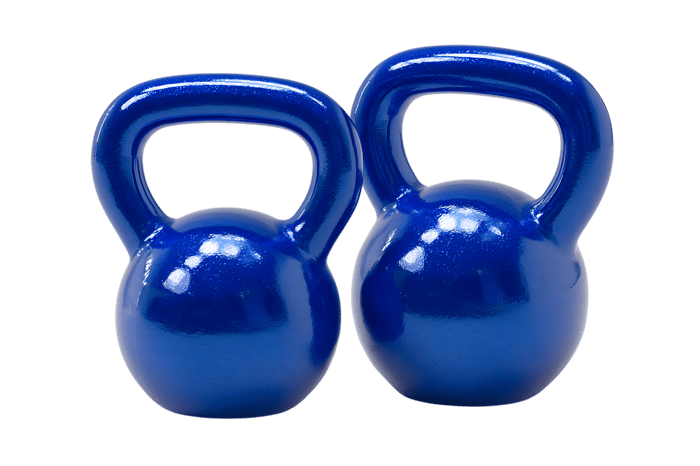 Two blue kettlebells on a white background