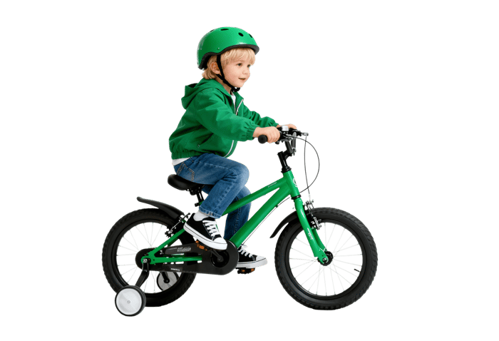 Child on green bicycle with helmet and training wheels
