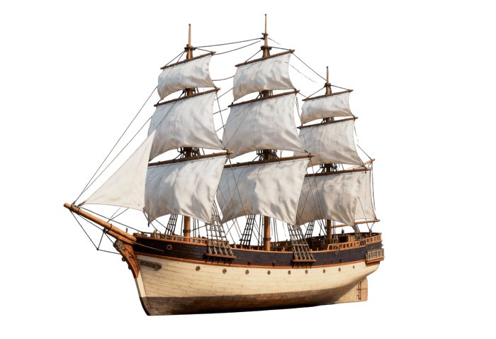 Sailing ship with white sails on transparent background