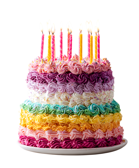Rainbow layered cake with lit candles.