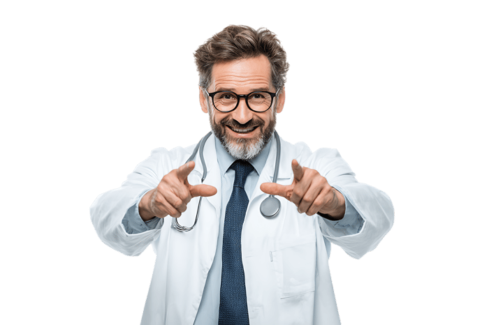 Smiling doctor points at you.
