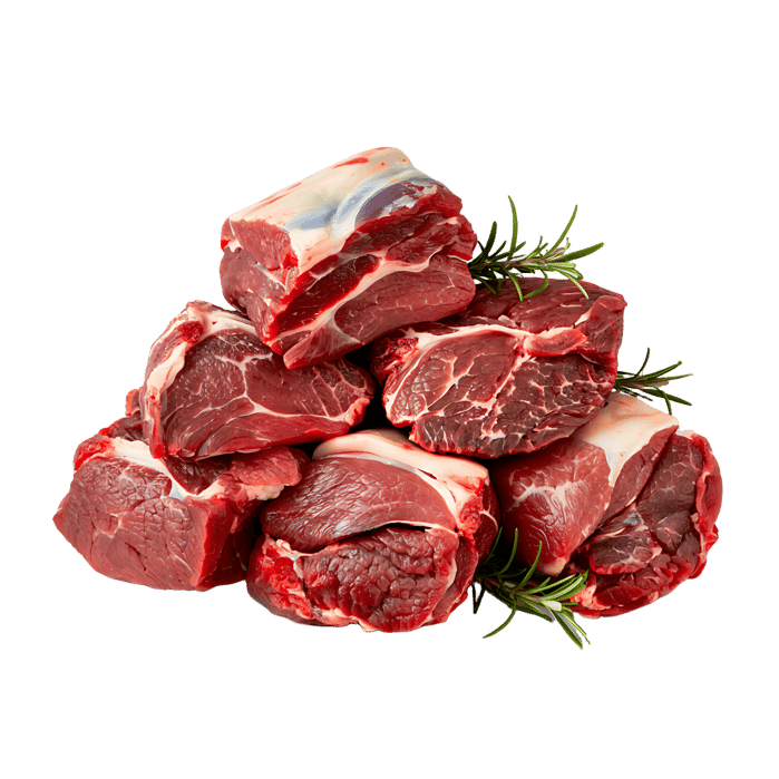 Close up of fresh, raw beef chunks.