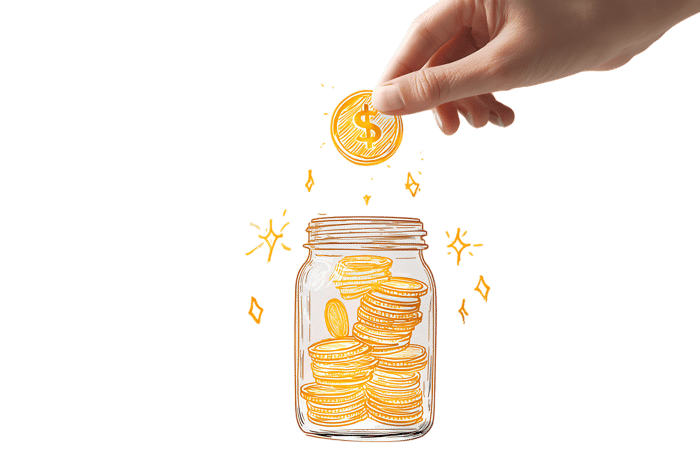 Hand adding coin to a mason jar full of gold coins. Saving money concept.