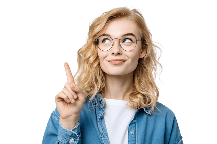 Woman with glasses has a bright idea, pointing up.