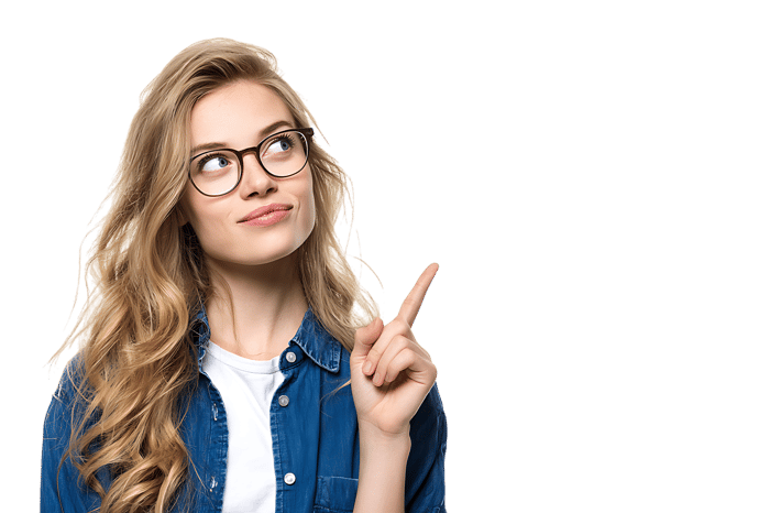 Pensive woman in glasses pointing finger up, having an idea.
