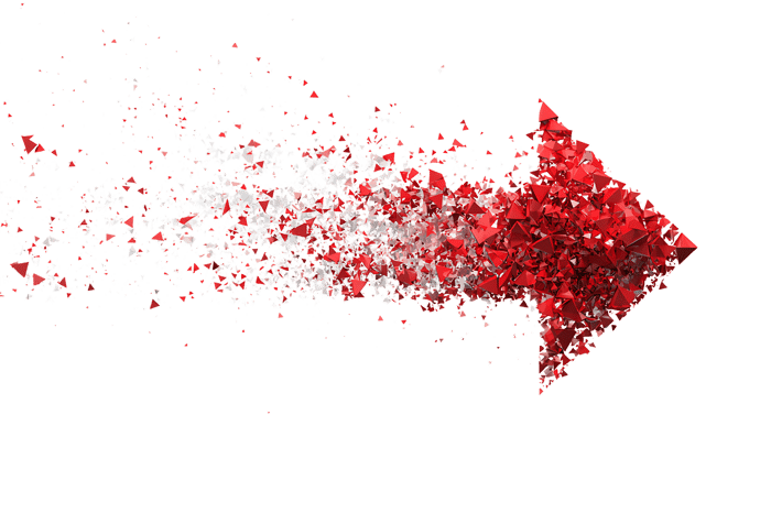 Abstract red arrow dissolving into particles.