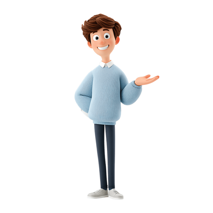 Friendly cartoon boy presenting something. 3D render.