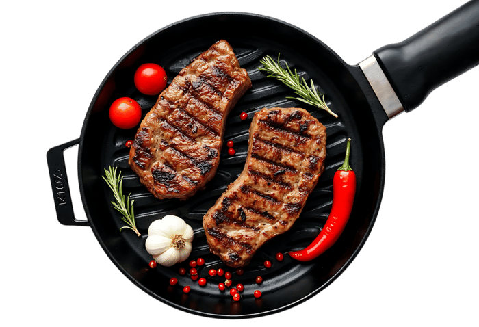 Grilled steaks with rosemary, garlic, pepper, and chili.