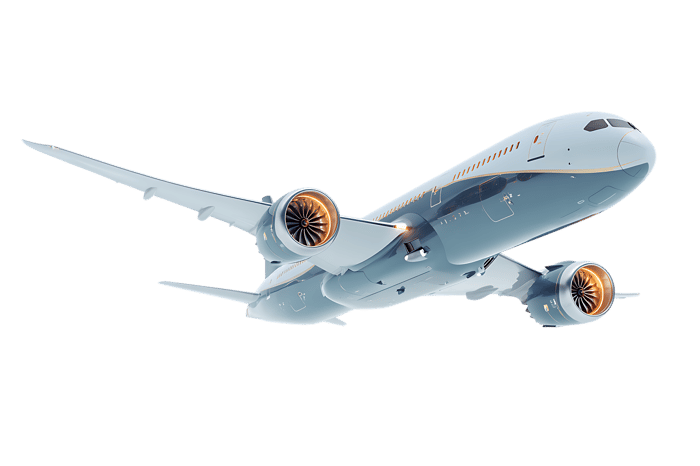 Airplane in flight, isolated on transparent background.