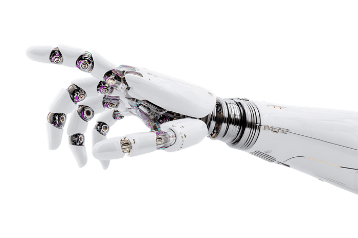 Close up of a robotic hand pointing.  Artificial intelligence, technology, future concept.