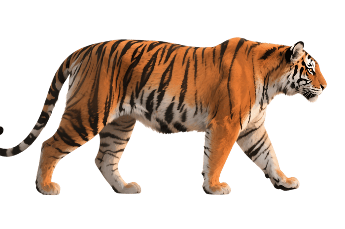 Walking tiger with orange and black stripes on transparent background