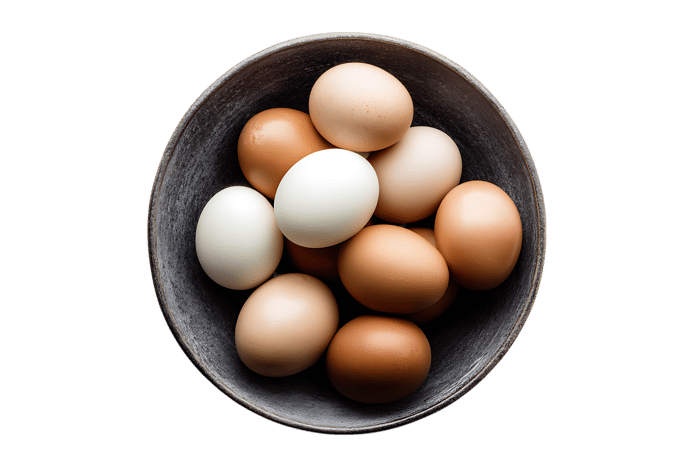 A bowl of brown and white eggs.