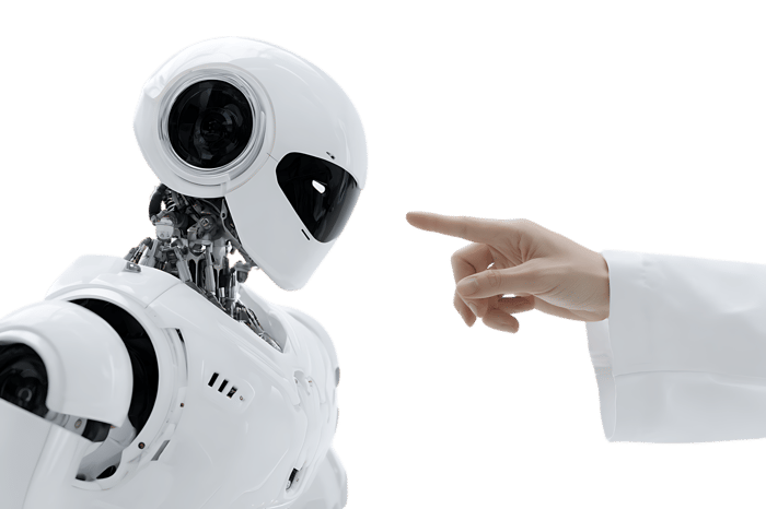 Human hand pointing at a robot. AI, technology, future concept.