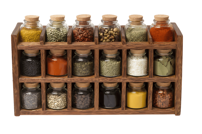 Wooden spice rack with various spices in glass jars.