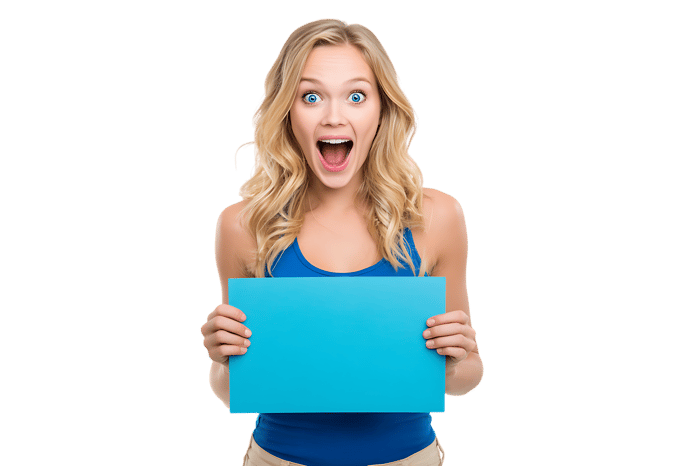 Surprised woman holding blank blue sign
