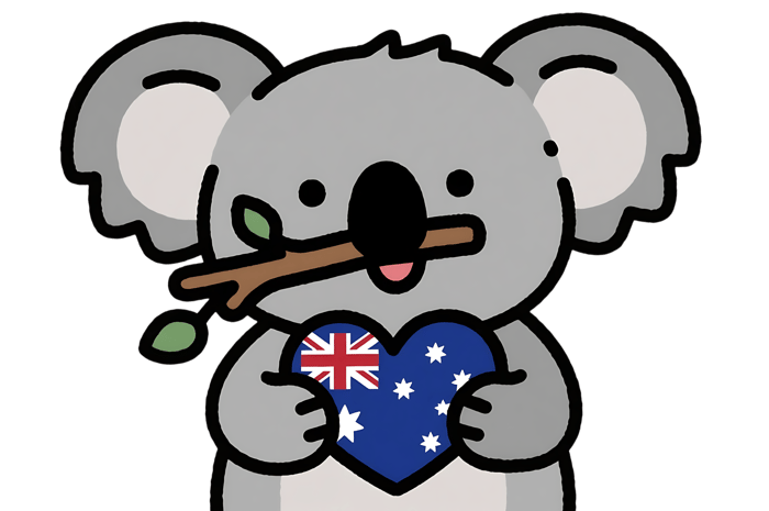 Cute koala holding australian flag heart and eucalyptus branch