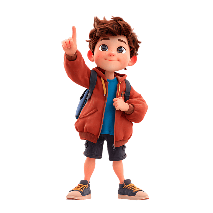 Cute 3D boy with backpack pointing up. Ideal for educational or back to school projects.
