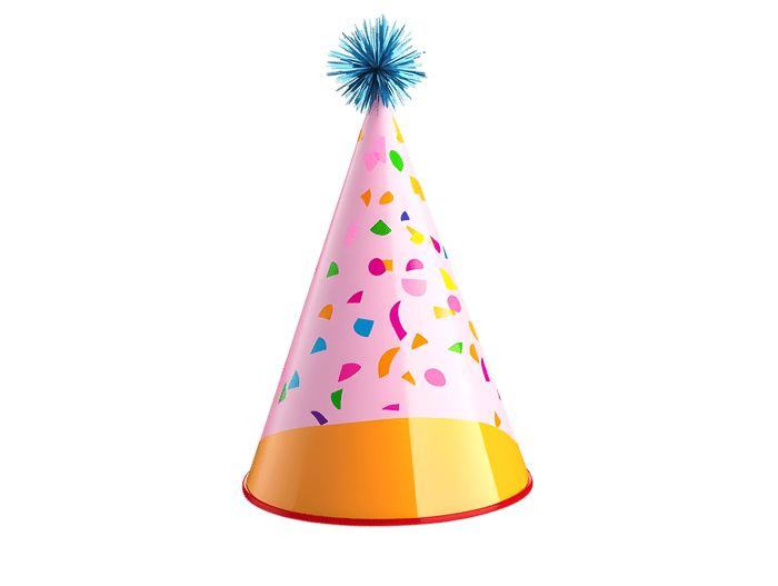 Colorful party hat with confetti and pom pom