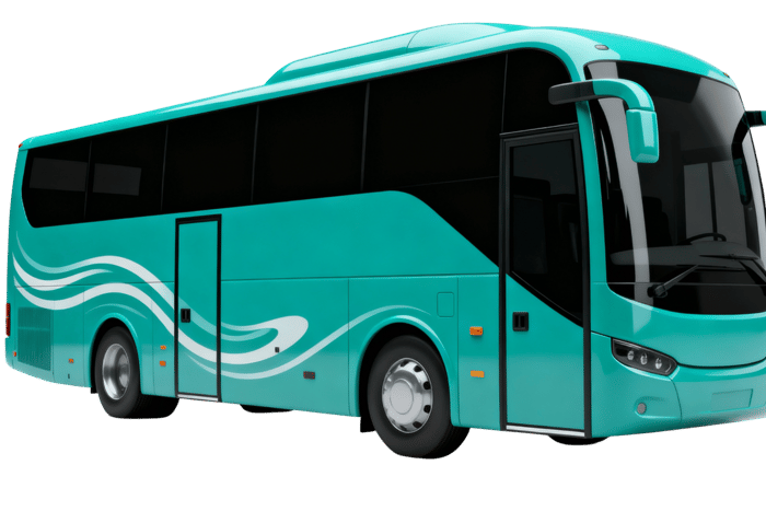 Turquoise tour bus with wave design