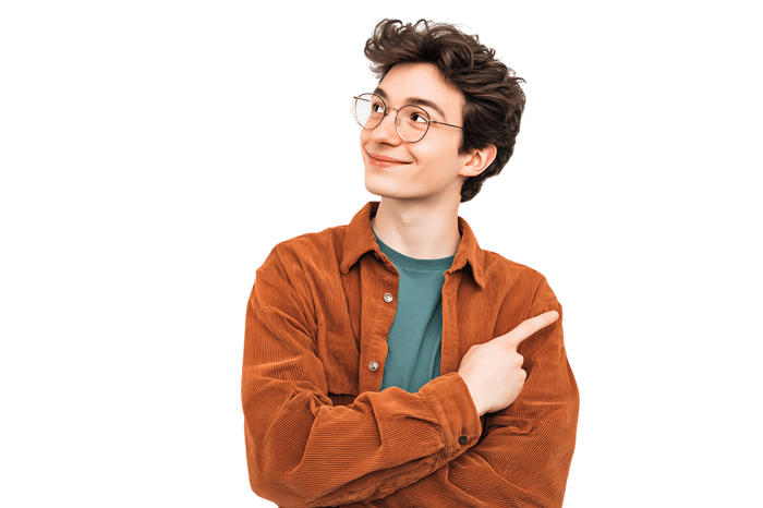 Smiling young man in glasses, pointing and looking upward, suggesting an idea.