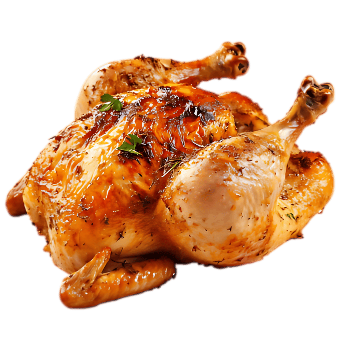 Roasted chicken, golden brown and juicy.