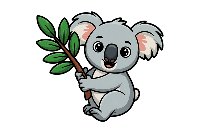 Cartoon koala holding eucalyptus leaves on black background