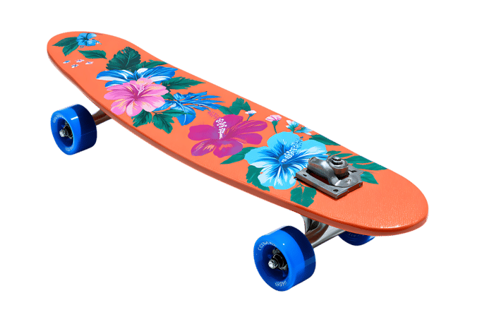 Orange skateboard with hibiscus flower design