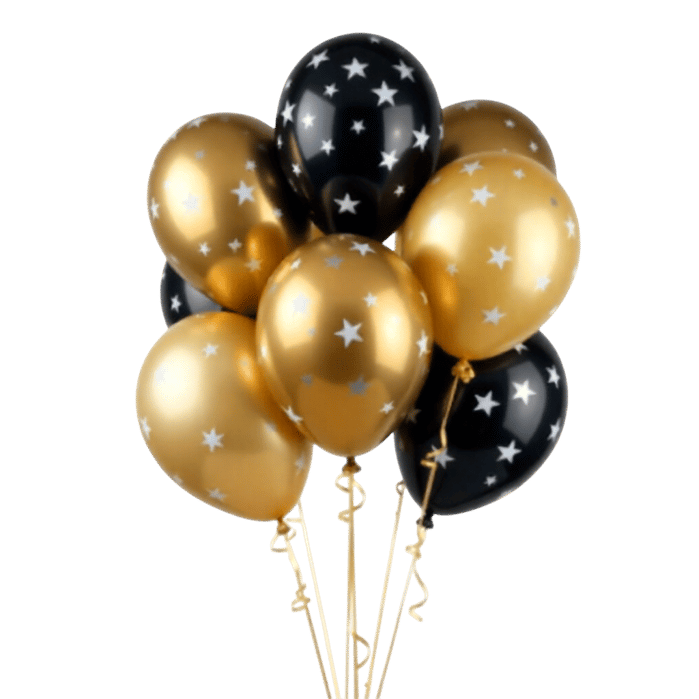 Gold and black balloons with white stars for celebrations