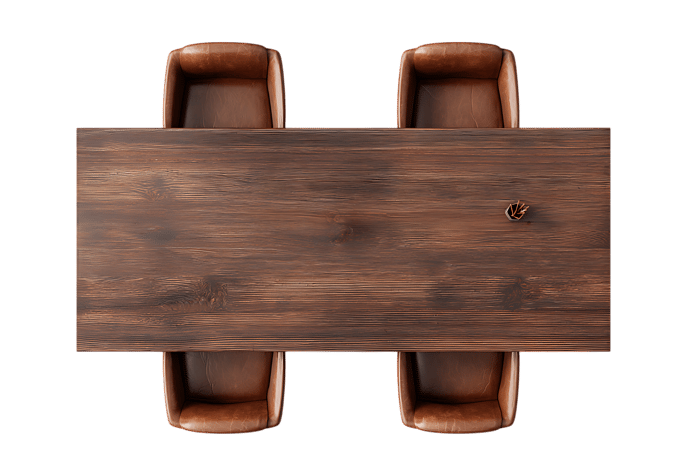 Overhead view of empty wooden dining table with four brown leather chairs