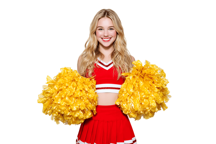 Smiling blonde cheerleader in red and white uniform holding yellow pom poms